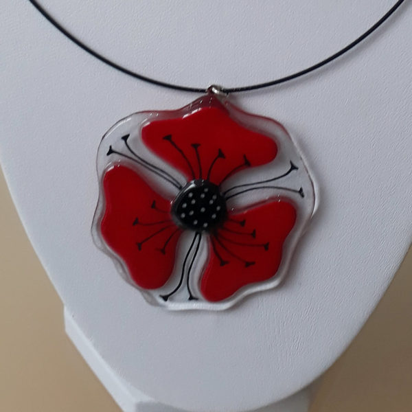 collier pendentif en verre coquelicot rouge fait main