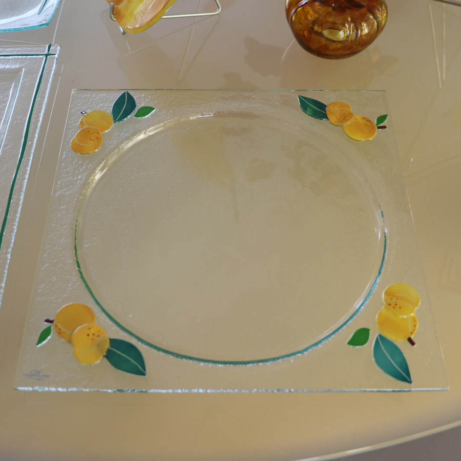 Plat à cake en verre motif mirabelle